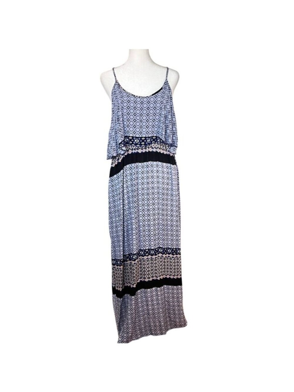 Boho Bali Batik Print Maxi Dress Layered Racerback Sleeveless Sundress Resort - Picture 2 of 15